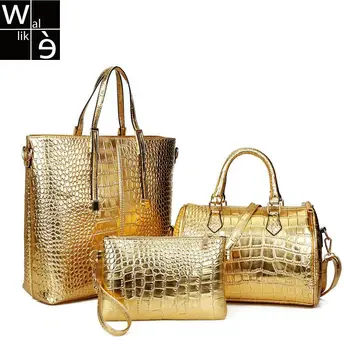 

Wallike 3Pcs Luxury Alligator Crocodile Women Leather Handbag Set Famous Brand Women Shoulder Bags Ladies Purse Clutch Bag Gold