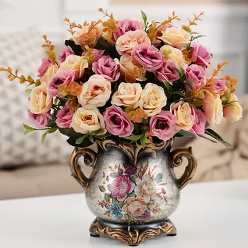 

Modern Retro Ceramic Vase+Artificial Flower Set Decor Home Furnishing Crafts Decoration Livingroom Silk Rose Fake Flower Pot Art