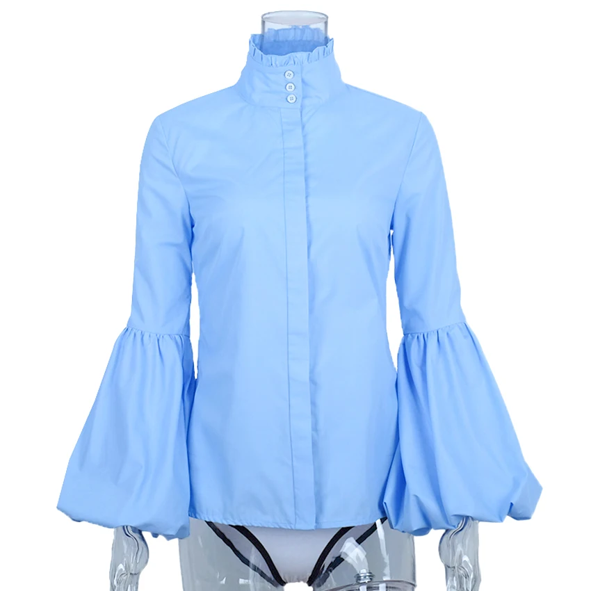 Длинная, широкая, с рукавом-фонариком, синяя блузка, женская, на пуговицах, блузки, рубашки, женские,, Осень-зима, модные топы, водолазка