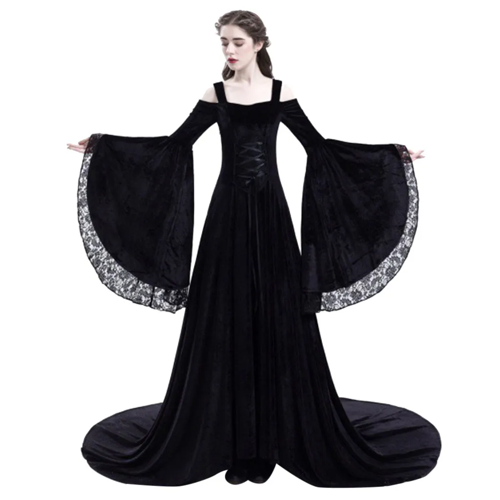 

Fit and Flare Patchwork Summer Ladies Dress Off Shoulder Square Collar Long Sleeve Lace Floor-Length Formal Party Long Dress