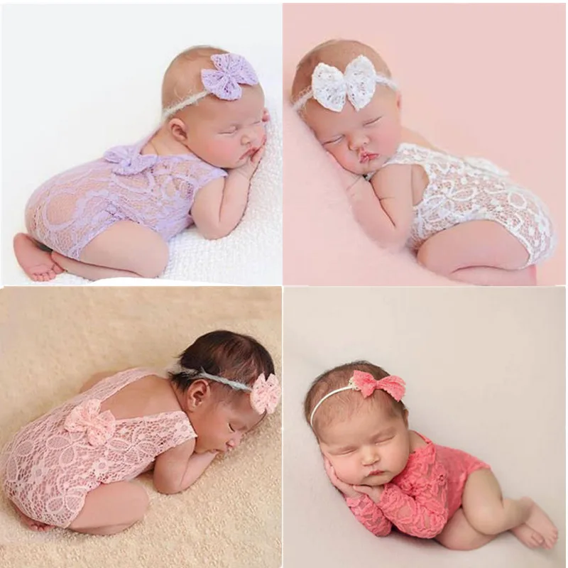 

Newborn Baby Girl Boy Lace Crochet Photo Props Costume Photo Photography Prop Lace Stretch Wrap Bowknot Jumpsuit Headband Outfit