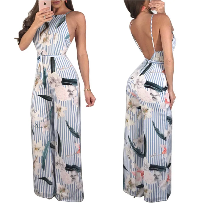 

Open Back Striped Jumpsuit Rompers for Women Overalls Ladies Long Pant Wide Leg Jumpsuits Summer Backless Sexy Boho Jumpsuit