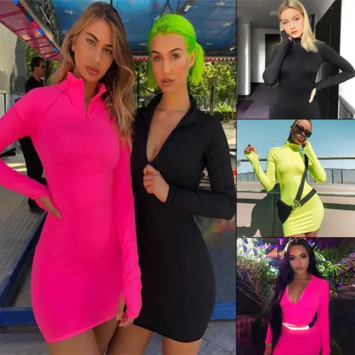 

Sexy Womens Solid Dress Deep V Neck Bodycon Dress Ladies Long Sleeves Front Zip Cocktail Party Pencil Mini Dress Women Clothes