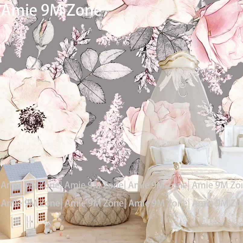 Us 16 79 40 Off Tuya Art Mural Wallpapers White Pink Grey Floral Pattern For The Bedroom Kid S Room Wallpaper Decoration Large Size Wallpapers