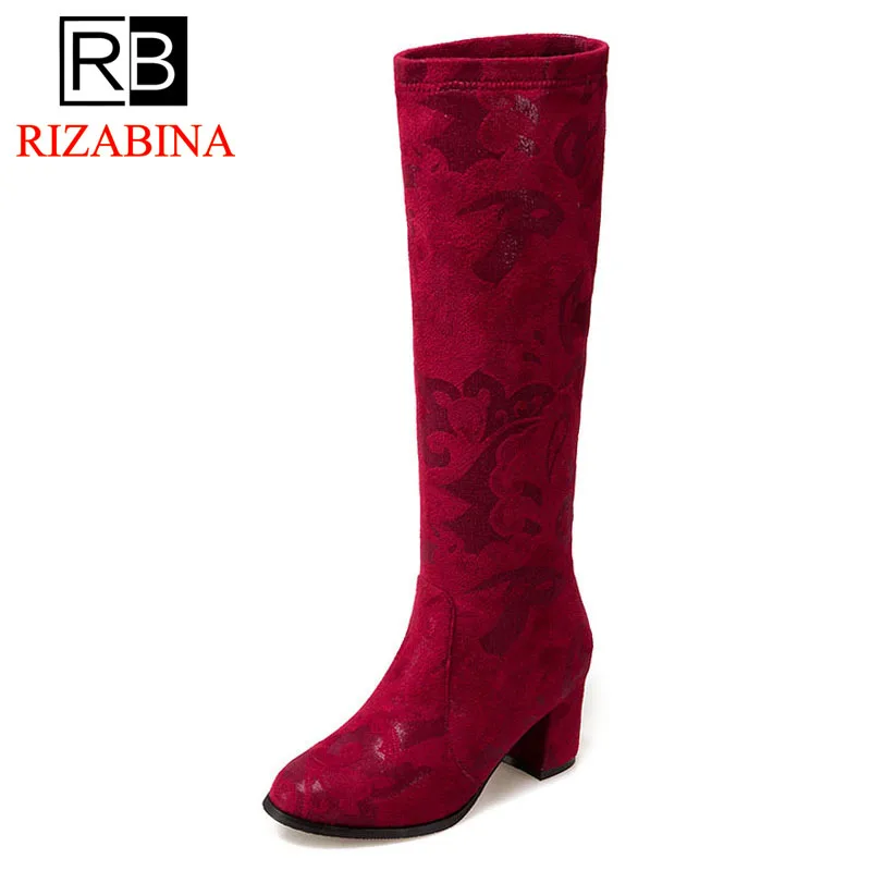 

RizaBina Plus Size 33-50 Fashion Winter Shoes Women Thick High Heel Knee High Warm Boots Women Floral Warm Plush Feminina Bota