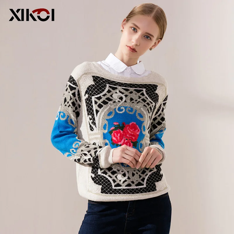 XIKOI سترة أزياء المرأة عارضة البلوفرات ميزة روز طباعة البلوزات س الرقبة طويلة الأكمام الإناث الملابس قمم النمط الغريب