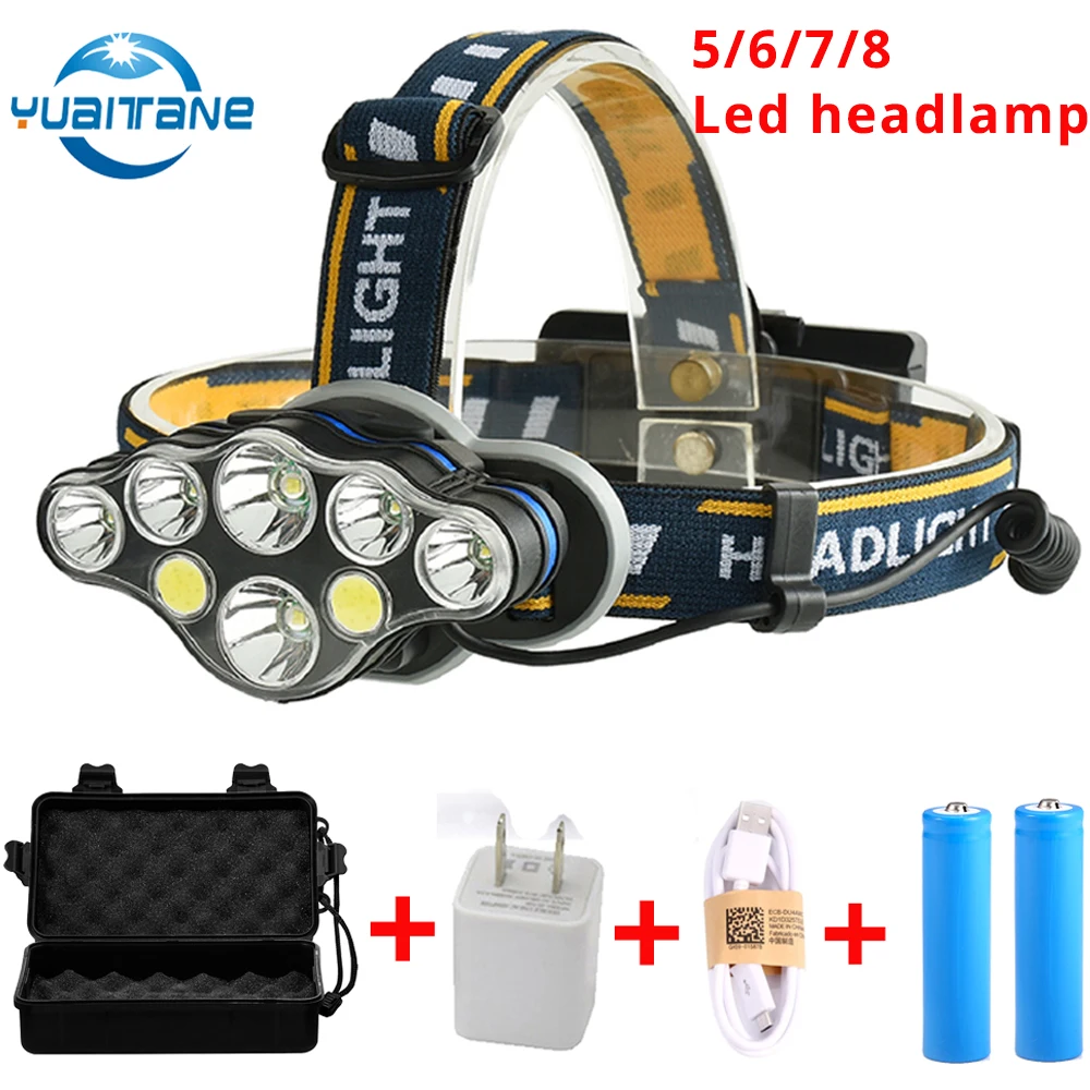 

50000Lums LED Headlamp COB -5/6/7/8*T6 Headlight usb lamp for Camping torch+2*18650 battery+usb cable+charger+Gift box