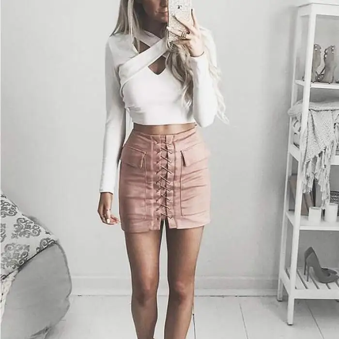 Women High Waist External Pocket Tight Suede Skirt Lace Up Autumn Winter Thick MiniPencil Skirts LF88