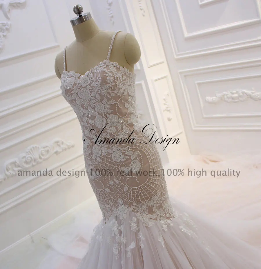 Amanda дизайн Спагетти ремни кружевные аппликации c бисером Русалка свадебное платье
