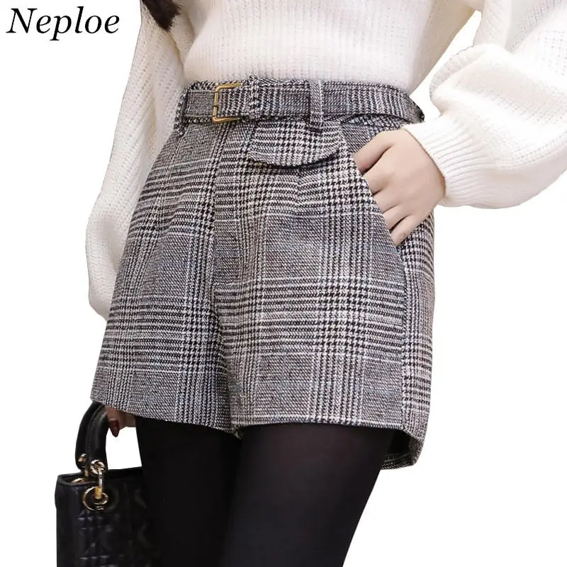 Neploe Woolen Plaid Shorts 2019 Autumn Winter Shorts Wide Leg High