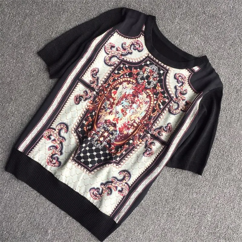 

Luxury Designer Brand Knitted Blouses for Women O Neck Baroque Print 30% Silk Spliced Loose Knitted Blouses Black Shirts