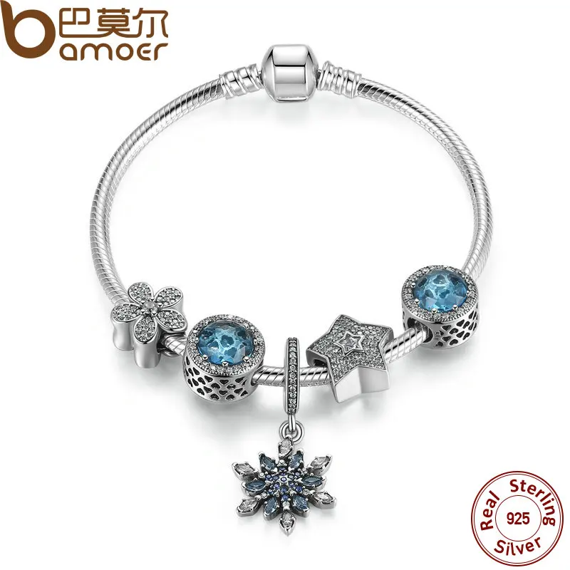 

BAMOER Summer Collection 925 Sterling Silver Blue Charm Bracelet With Radiant Hearts,Snowflake Jewelry PSB004