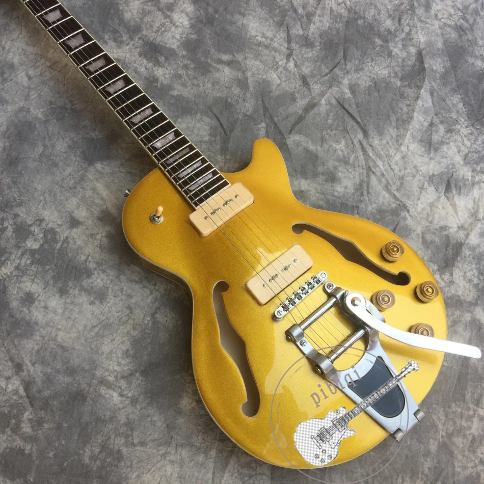 

Free delivery, 2019 new electric guitar, jazz guitar, golden pink semi-hollow body, white hardware, customizable color and logo