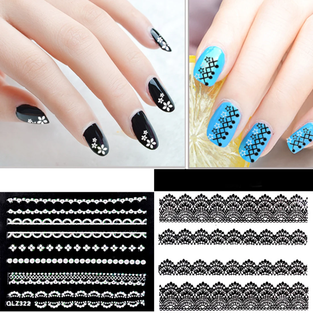TOP 30Sheets/Lot White Lace Nail Stickers 3D Mix Design Water Transfer