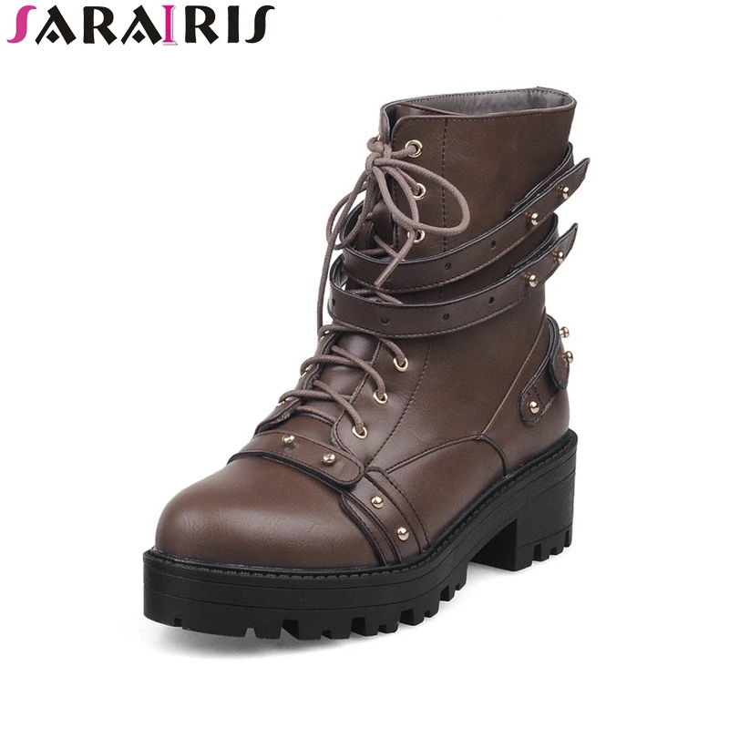 

SARAIRIS Winter Short Plush Punk Ankle Boots Fashion Buckle Shoes Woman Plus Size 33-47 Platform Lace Up Lady Shoe