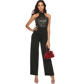 

Wholesale Spot Women's Sexy Jumpsuit Hanging neck Sequin Stitching Casual jumpsuits Summer New Female Rompers Trousers A2512
