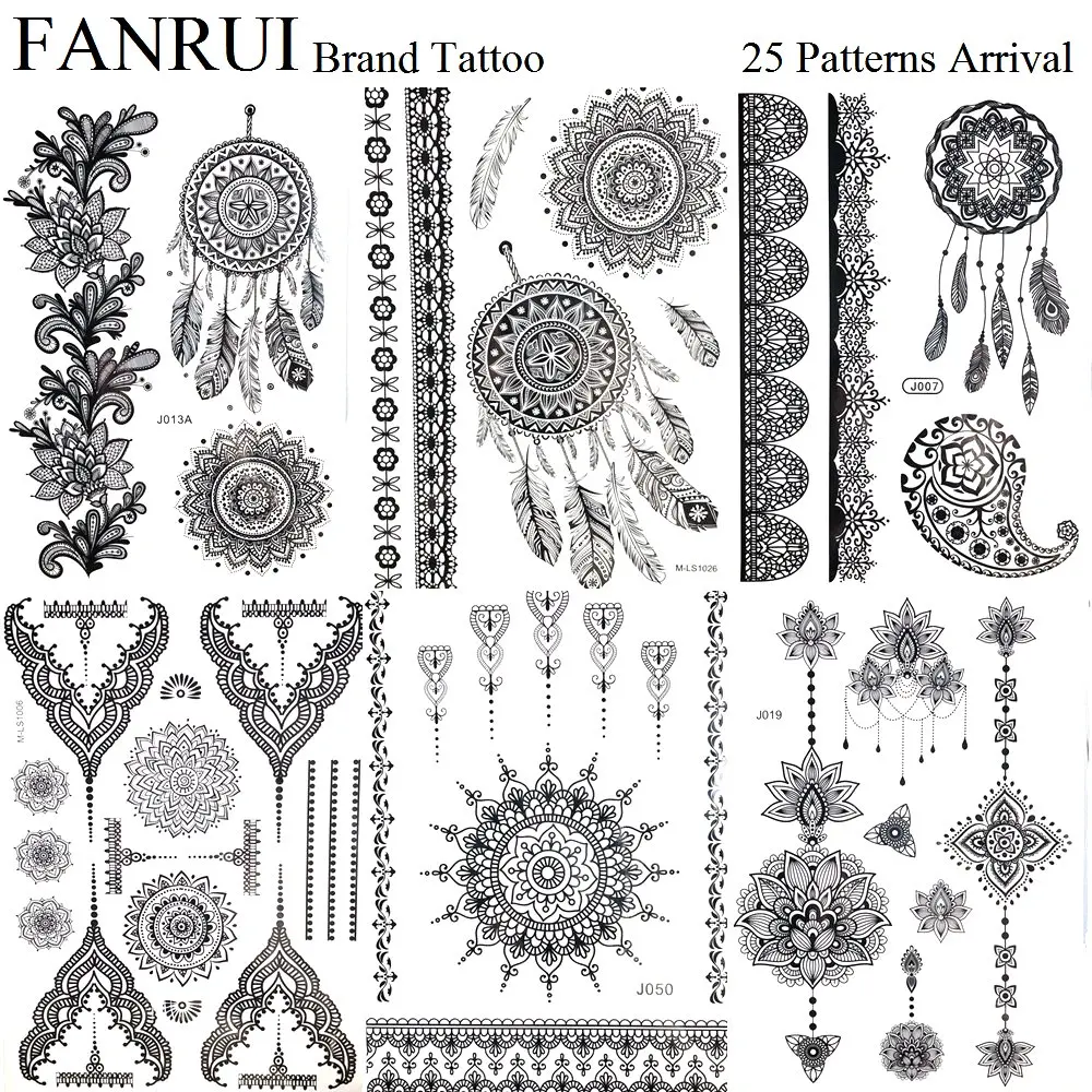 

Black Henna Mandala Flower Temporary Tattoo Dreamcatcher Girl Body Arm Art Tattoo Stickers Feather Tribal Fake Tatoos Chains Leg