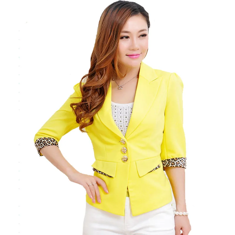 

2XL 3XL 4XL Summer Autumn Casual Yellow Women's Blazer Female Suit Jackets Button Pockets Leopard Print Plus Sze Blazers Womens