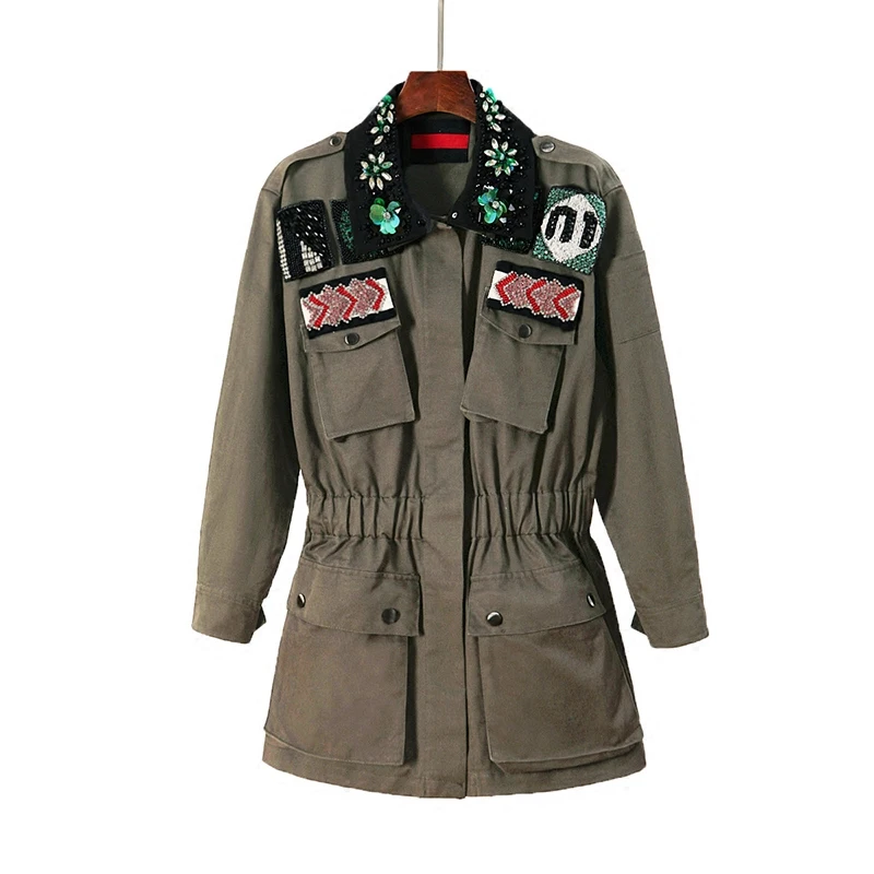 Manteau vent Tranchée Piste Manches De Armée Mode Perlée Designer Perle Manteaux Fleur À Vert Longues Coupe qwnO6Ut