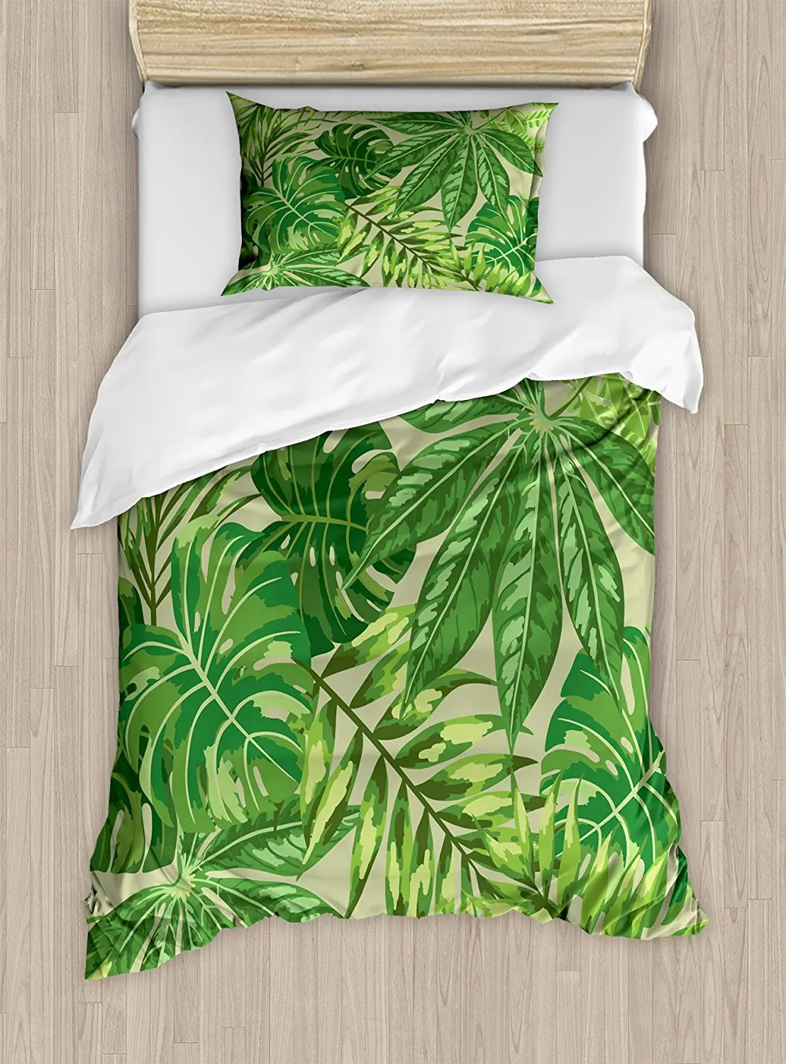 Green Leaf Duvet Cover Set Exotic Pattern With Tropical Leaves