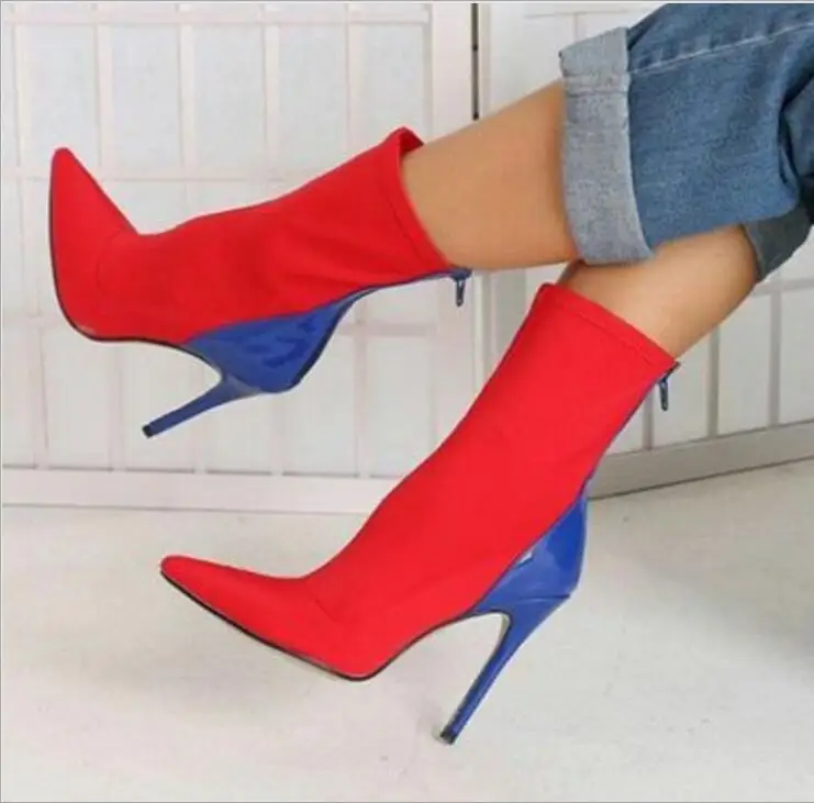 

EOEODOIT Color Patchwork Lycra High Stiletto Heel Boots Mid Calf Sock Booties Women Spring Autumn Fashion Match Pumps Boot Shoes