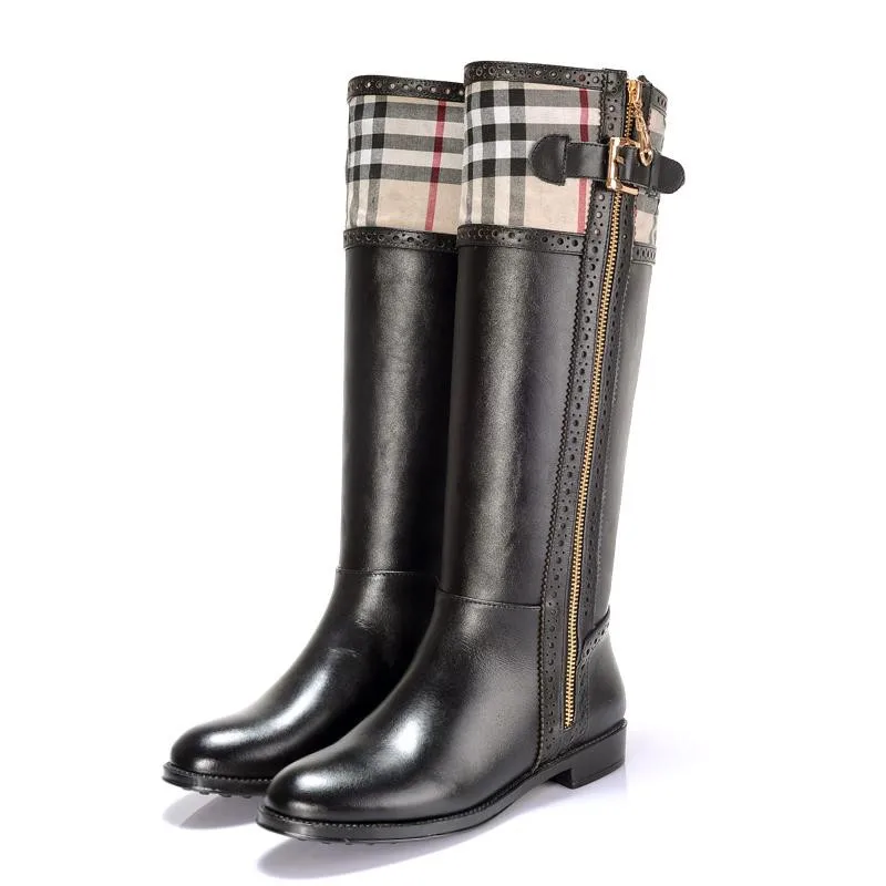 

Brand New Big Size 34-42 Women Knee High Boots Sexy Flat Winter Warm Grid Mixed Colors Ridding Boots Women Round Toe Low Heels