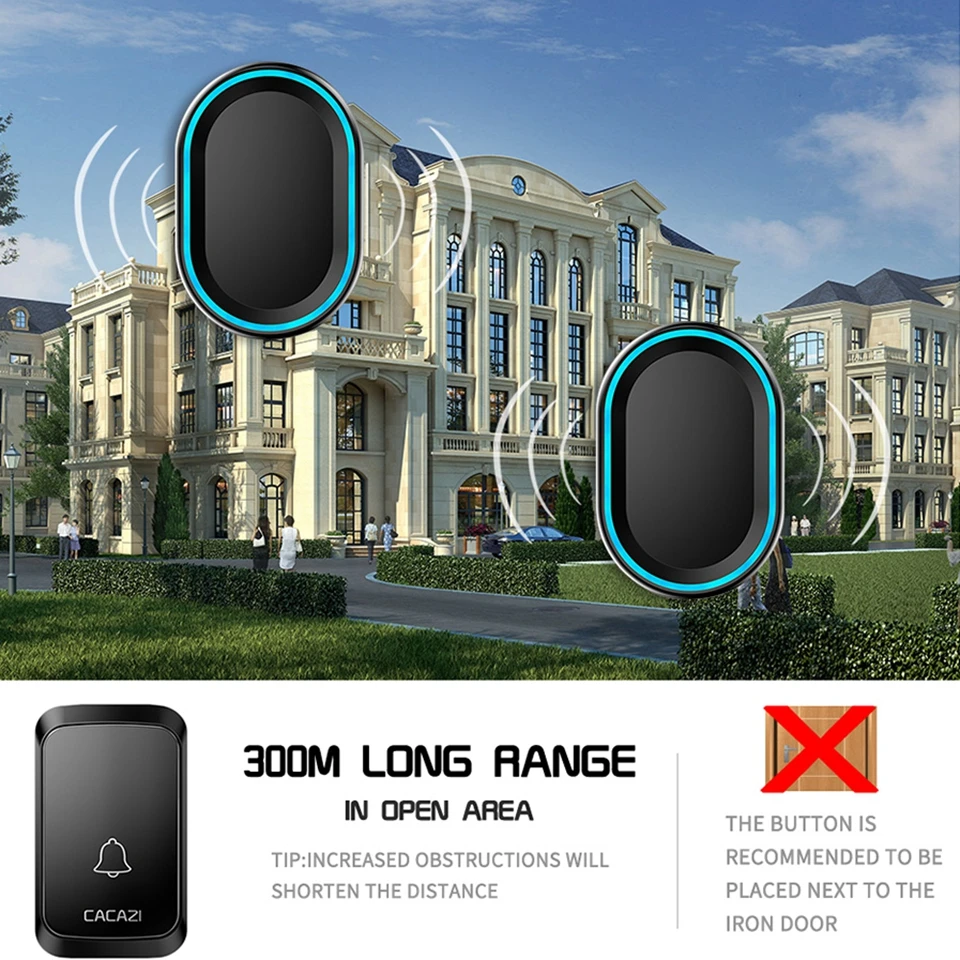 CACAZI Wireless Doorbell Waterproof 300M Retome 1 Button 3 Receivers LED Light Home Smart Calling Bell US EU UK AU Plug Chime CACAZI Wireless Doorbell Waterproof 300M Retome 1 Button 3 Receivers LED Light Home Smart Calling Bell US EU UK AU Plug Chime
