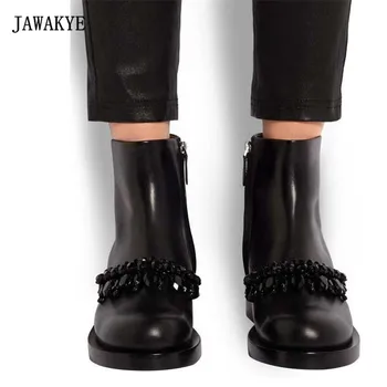 

2018 Black Rhinestone Chain Ankle Boots Woman Round Toe Real Leather Flat Martin Boots Women Fashion Zapatos Mujer