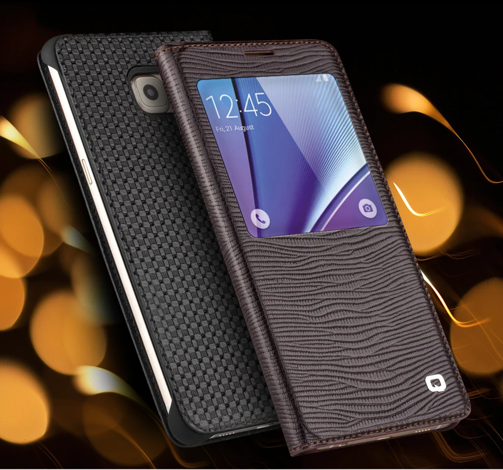 QIALINO New Designer Smart View Flip Phone Case for Samsung GALAXY Note 5 Genuine Leather Window