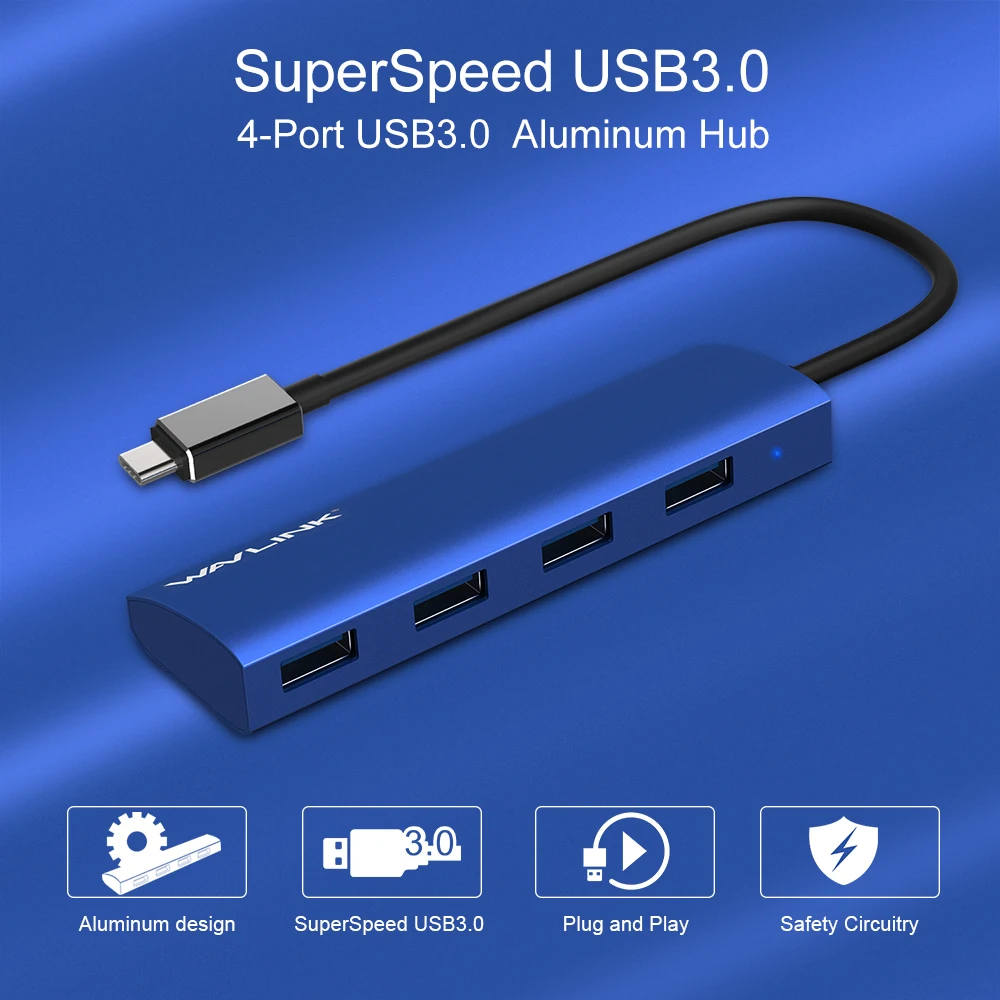 Wavlink алюминиевый USB 3,0 концентратор 4 порта type C адаптер с USB C женский зарядный порт для MacBook Pro ChromeBook Pixel Windows синий