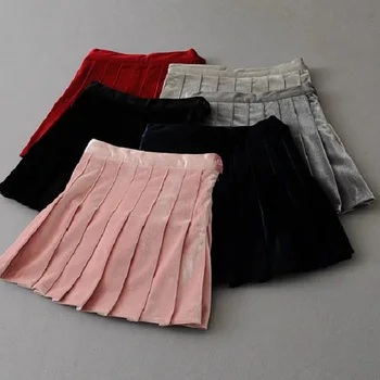 

New Spring Autumn Women'S Pleated Skirts Solid Velvet High Waist Skirts For Girls