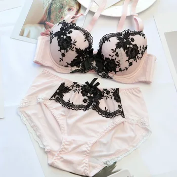 

YOURMIX Thin Cup Pink Color Black Embroidery Floral Lolita and Sexy Style Bra and Brief Sets