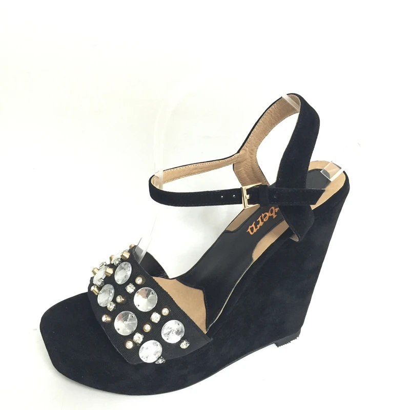 

2015 Elegant Wedges High Heels Sandals For Women Decorated With Crystal Ankle Buckle Strap Chunky Platform Summer Party Shoes