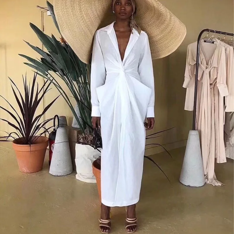 

2019 summer fashion deep v sexy white MIDI dresses long sleeve sexy female party dress high quality