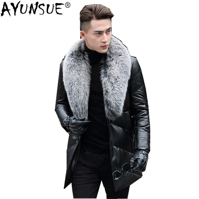 

AYUNSUE Winter Jacket Men Genuine Leather Jacket Duck Down Jacket Men Real Fox Fur Collar Parka Mens P-13-16188-1 MY721