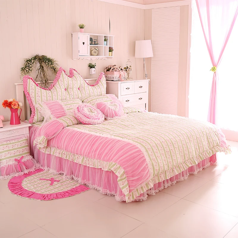 ثلاثة لون مجموعة مفروشات زهرة حاف غطاء السرير تنورة كشكش الدانتيل الأميرة المنسوجات نوم الرعوية نمط 4/6/8 قطع