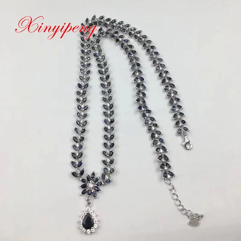 Ожерелье Xin yi peng из серебра 925 пробы инкрустированное натуральным сапфиром