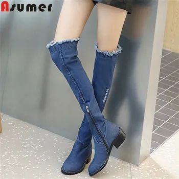 

ASUMER 2020 new denim boots women shoes zip square heels tassel over the knee boots blue fashion autumn winter boots ladies shoe