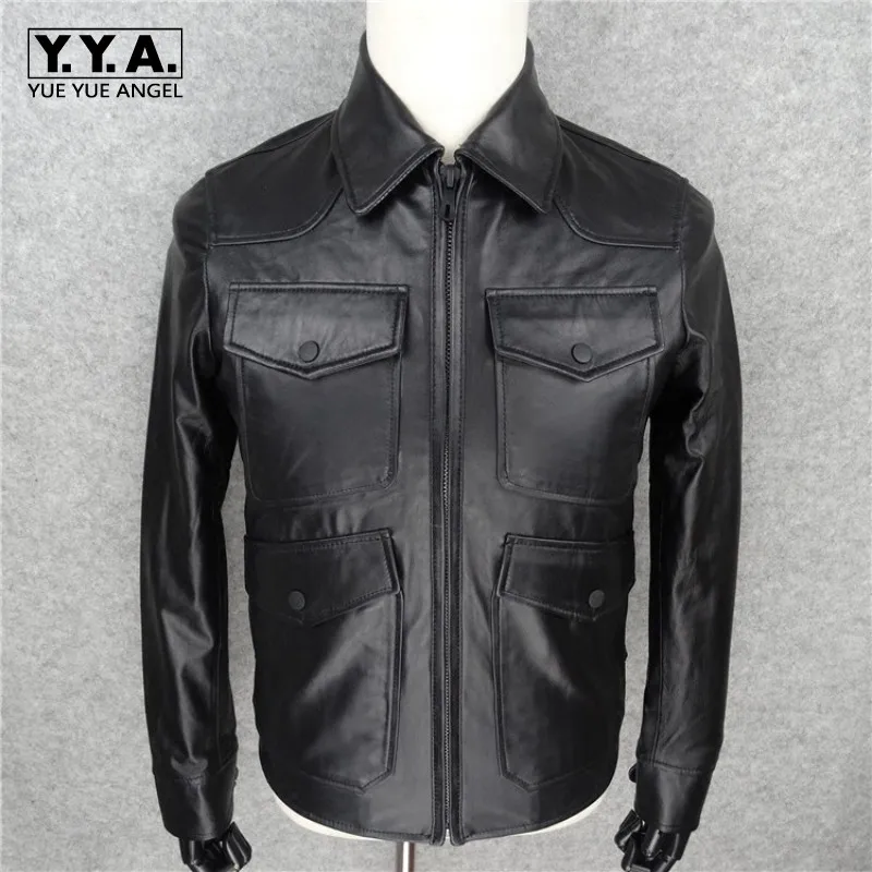 

Business Genuine Sheepskin Leather Mens Jacket Luxury Designer Slim Turn-down Collar Male Coat Black Zip Veste Homme Plus Size