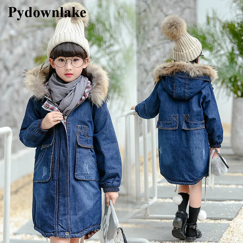 

Pydownlake Trendy Big Teens Girls Denim Outerwear Children Winter Hooded Coats Kids Warm Jeans Jacket Girls Thick Long Clothes