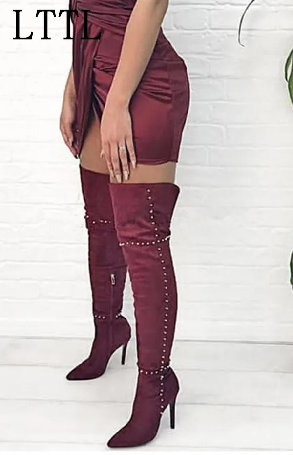 LTTL Sexy Women Gold Rivets Motorcycle Boots Thigh High