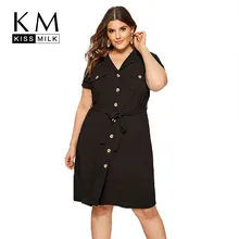 Kissmilk Plus Size Women Dress Solid Black Shirt Style Natural Waist Single-breasted With Pocket Dress Kissmilk Plus Size Women Dress Solid Black Shirt Style Natural Waist Single-breasted With Pocket Dress