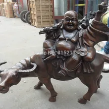 Bi00960 3" Китай Буддизм Бронзовый Happy смех Будды Майтреи поездка Bull OX Статуя