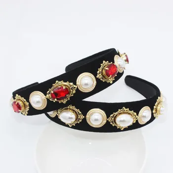 

Vintage Baroque Crown Luxury Red Crystal Headband Rhinestone Hairbands Velvet Headdress Pearl Wedding Bridal Hair Accessories