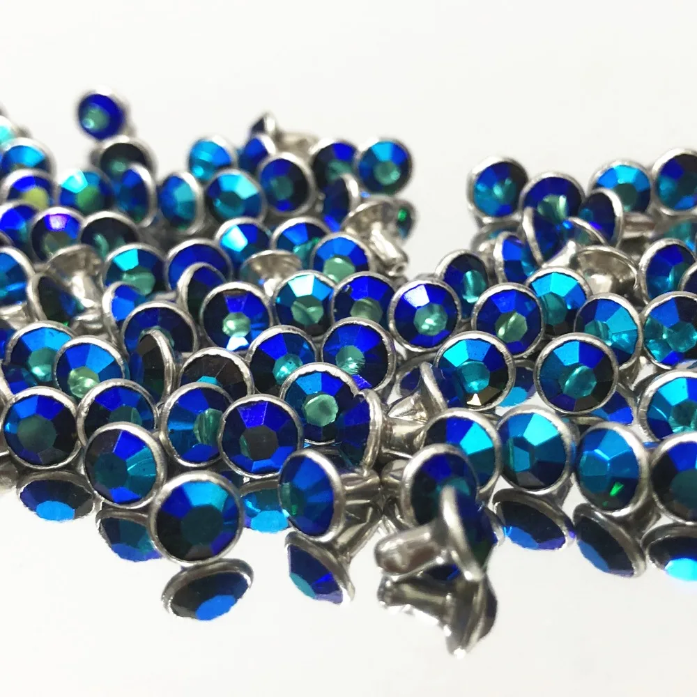 

New 6MM 50Sets CZ++ Royal Blue Crystal AB Plated Rapid Rivets Silver Plated Studs Assorted Cabochon Rivets Fit for Leather-Craft
