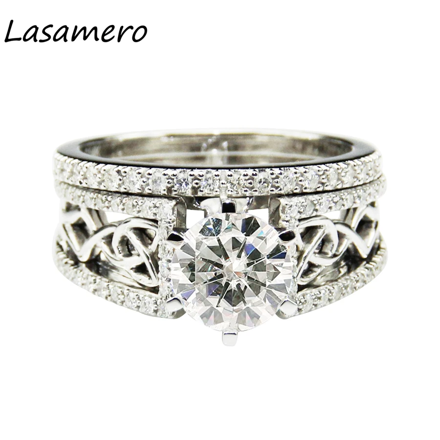 

LASAMERO Luxury 1.5CT Round Cut Simulated Diamond 925 Sterling Silver Bridal Sets Romantic Crown Accents Engagement Wedding Ring