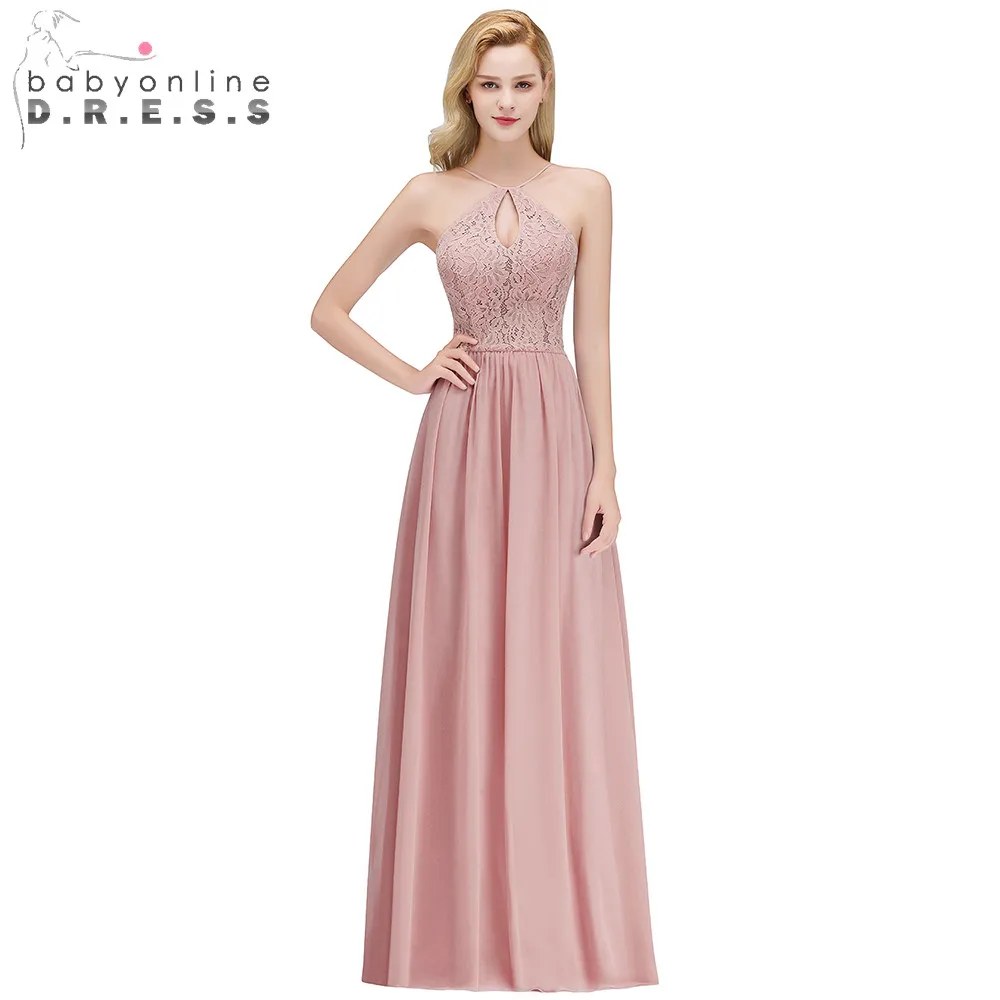  2019  Elegant Halter  Dusty Pink Lace Bridesmaid  Dresses  