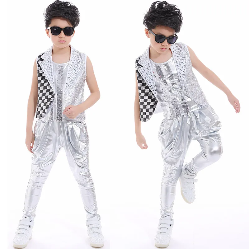 В стиле «хип-хоп», танцевальный костюм для мальчиков в стиле джаз и серебряного цветов; блестящая одежда жилет, куртка, штаны, Детские Танцы производительность; детская современная одежда DNV10049