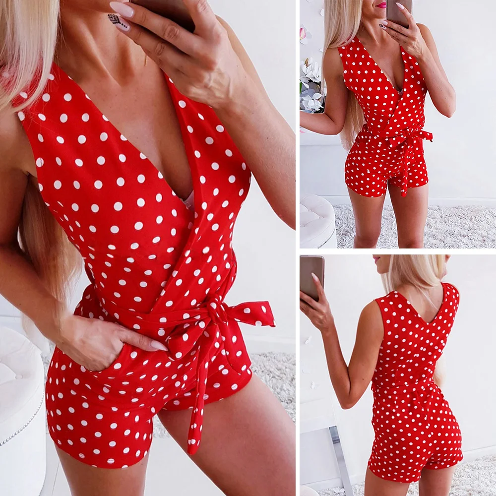 Vintage Jumpsuits Retro Ladies Summer Playsuit Polka Dots Printed Rompers Lace Up Short Women Jumpsuit