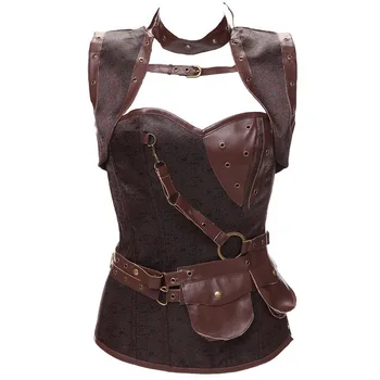 

Womens Plus Size Retro Gothic Corset Spiral Steel Boned Corset Brocade Bustiers With Belt Steampunk Style Cosplay Custome